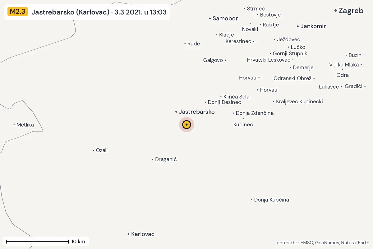 Karta: okolica epicentra, 60 km, potres M2,3, Jastrebarsko (Karlovac), 3.3.2021.