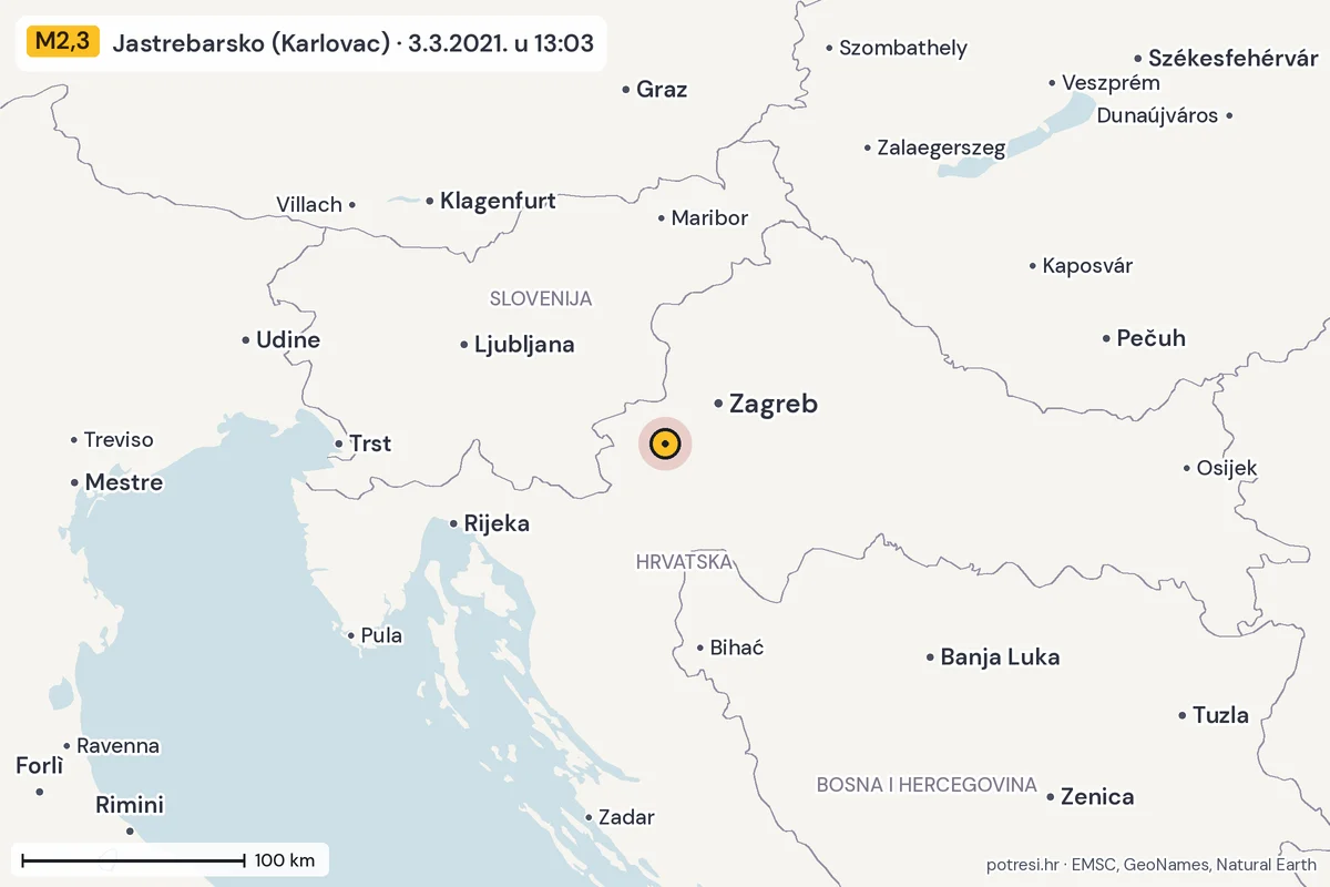 Karta: šire područje, 600 km, potres M2,3, Jastrebarsko (Karlovac), 3.3.2021.