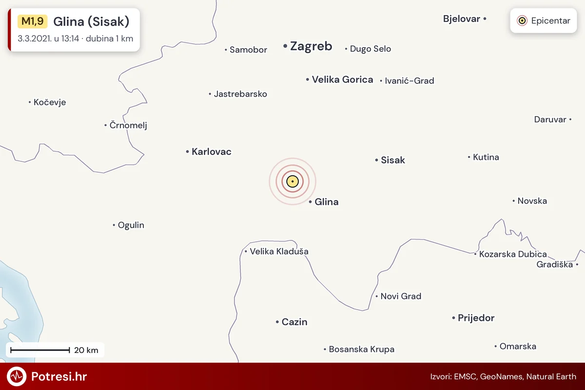 Karta: šire područje i vjerojatni doseg osjeta, potres M1,9, Glina (Sisak), 3.3.2021.