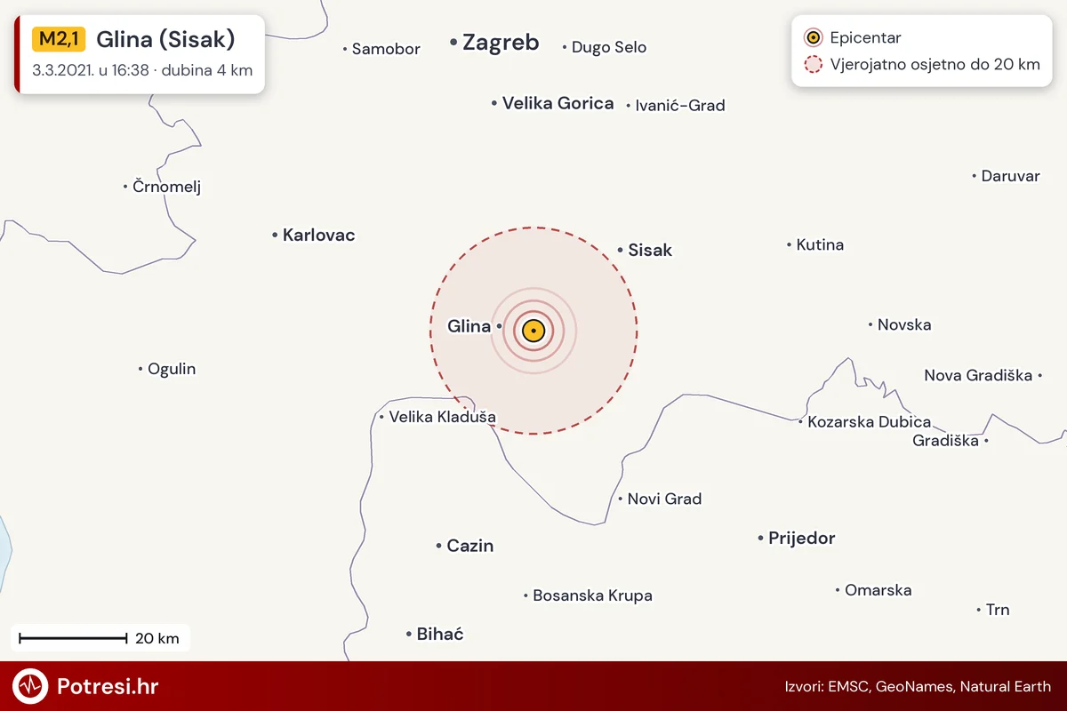 Karta: šire područje i vjerojatni doseg osjeta, potres M2,1, Glina (Sisak), 3.3.2021.
