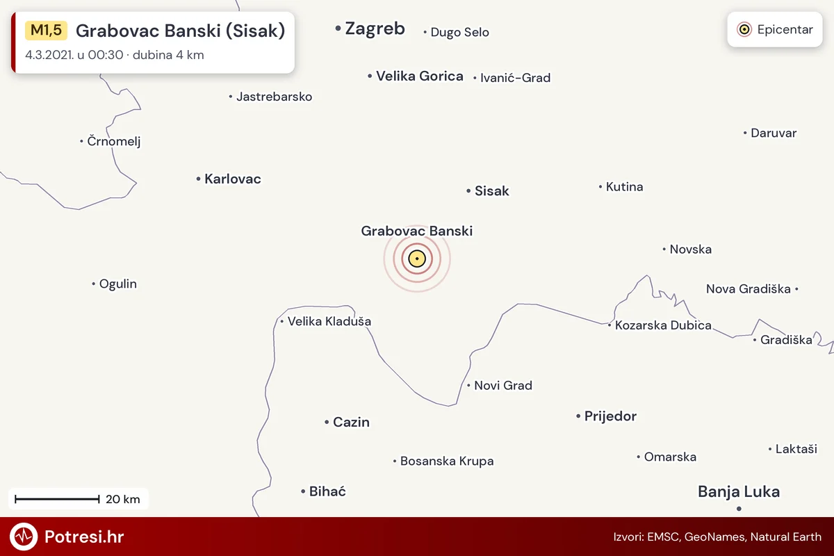Karta: šire područje i vjerojatni doseg osjeta, potres M1,5, Grabovac Banski (Sisak), 4.3.2021.