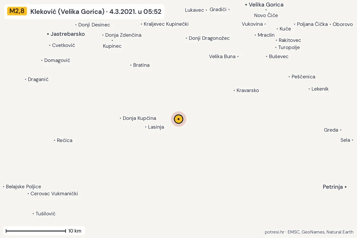 Karta: okolica epicentra, 60 km, potres M2,8, Kleković (Velika Gorica), 4.3.2021.