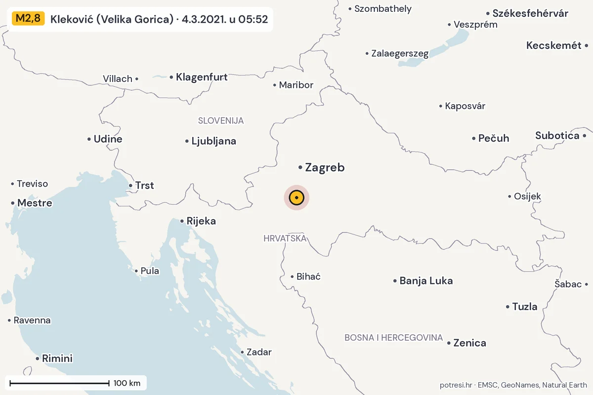 Karta: šire područje, 600 km, potres M2,8, Kleković (Velika Gorica), 4.3.2021.