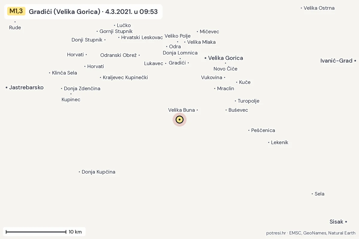 Karta: okolica epicentra, 60 km, potres M1,3, Gradići (Velika Gorica), 4.3.2021.