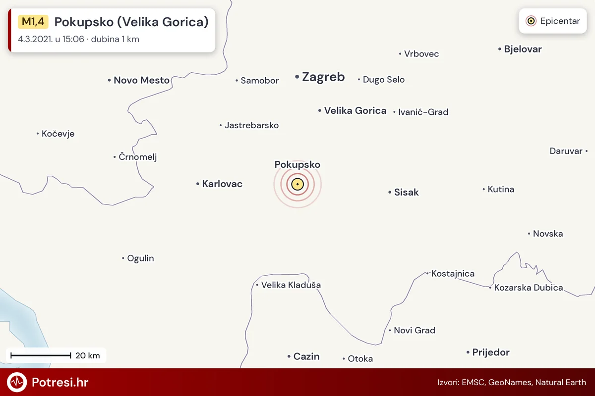 Karta: šire područje i vjerojatni doseg osjeta, potres M1,4, Pokupsko (Velika Gorica), 4.3.2021.