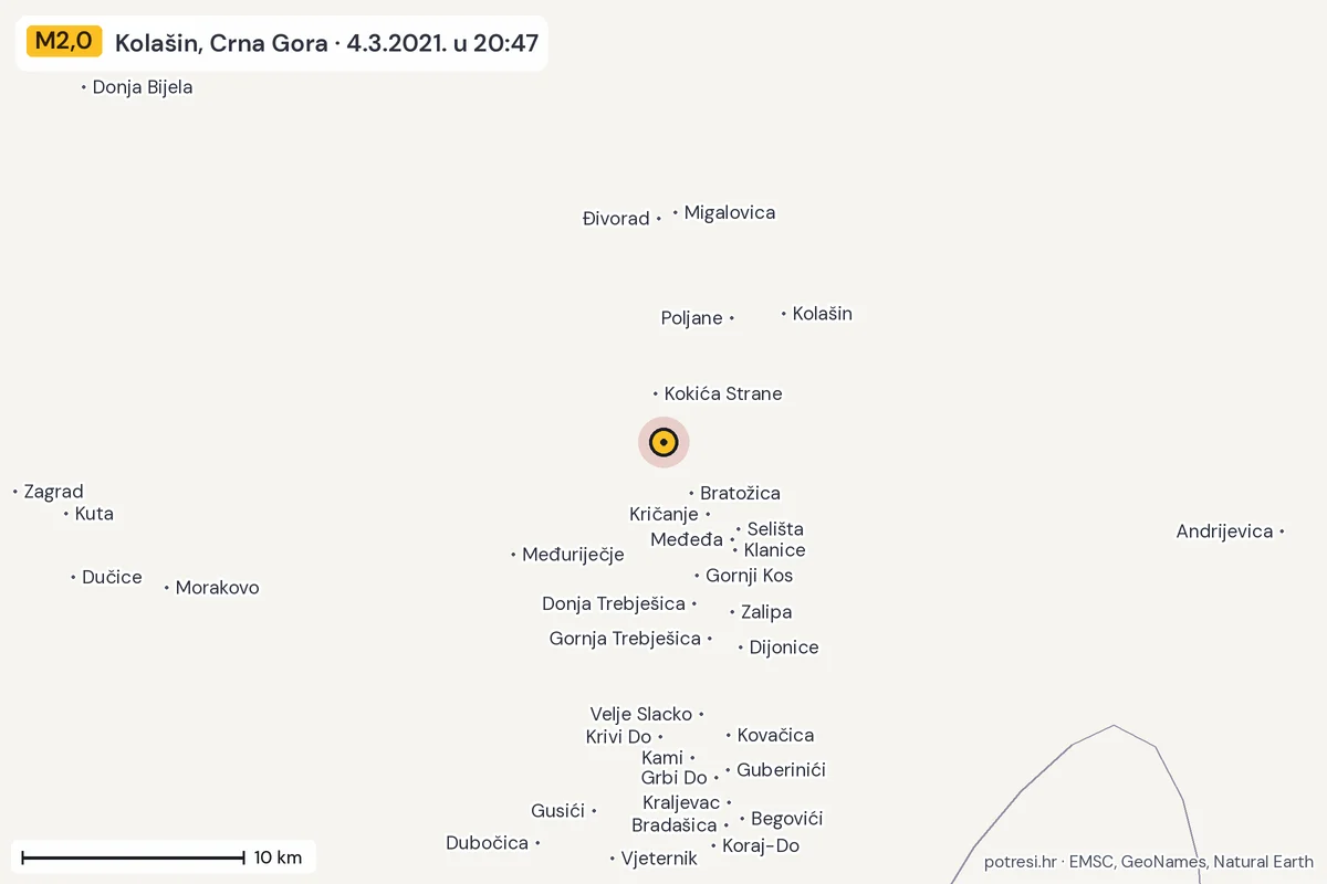 Karta: okolica epicentra, 60 km, potres M2,0, Kolašin, Crna Gora, 4.3.2021.