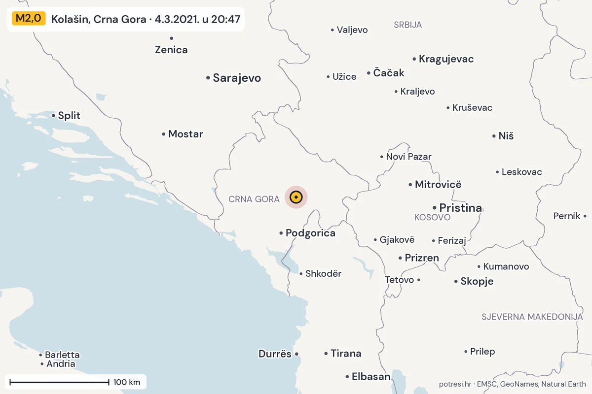 Karta: šire područje, 600 km, potres M2,0, Kolašin, Crna Gora, 4.3.2021.