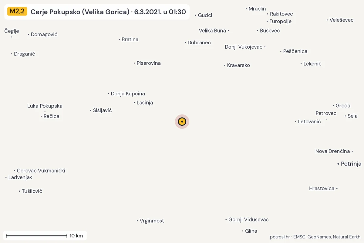 Karta: okolica epicentra, 60 km, potres M2,2, Cerje Pokupsko (Velika Gorica), 6.3.2021.