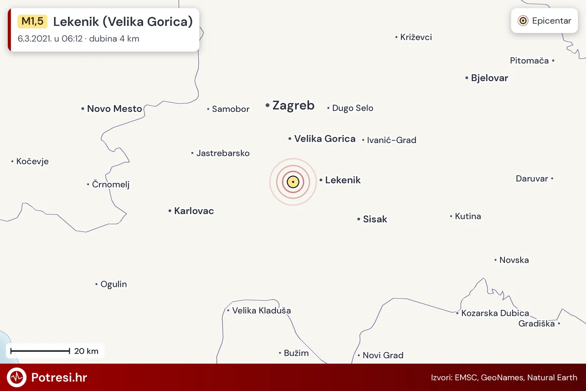 Karta: šire područje i vjerojatni doseg osjeta, potres M1,5, Lekenik (Velika Gorica), 6.3.2021.