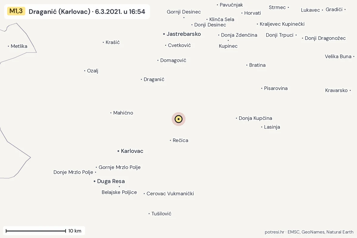 Karta: okolica epicentra, 60 km, potres M1,3, Draganić (Karlovac), 6.3.2021.