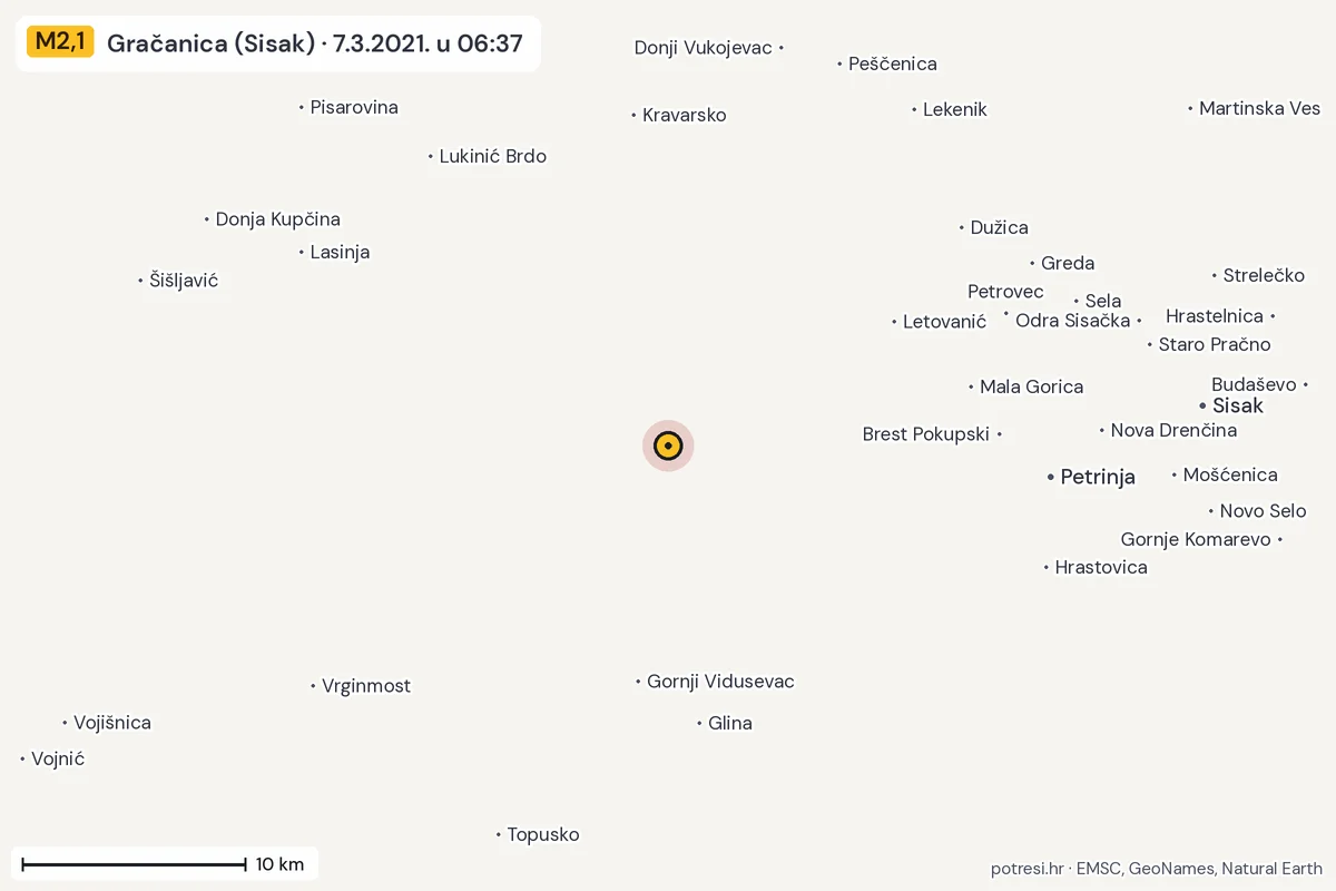 Karta: okolica epicentra, 60 km, potres M2,1, Gračanica (Sisak), 7.3.2021.