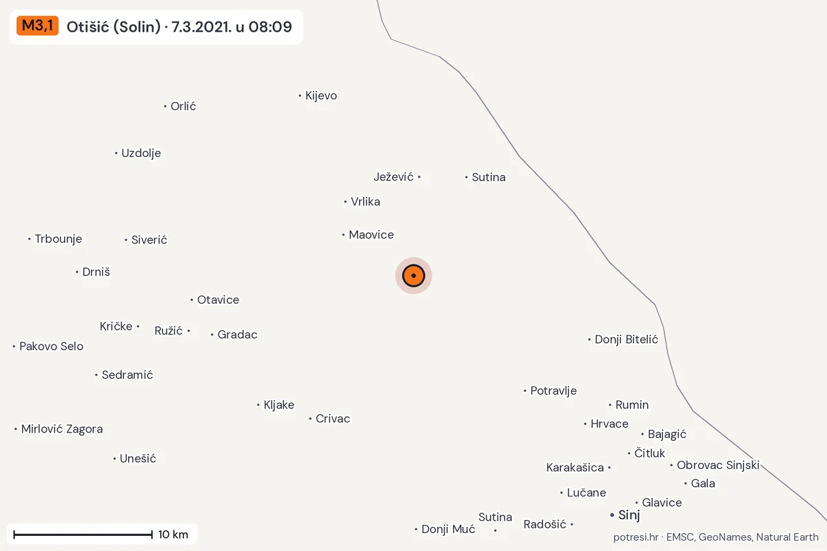 Karta: okolica epicentra, 60 km, potres M3,1, Otišić (Solin), 7.3.2021.