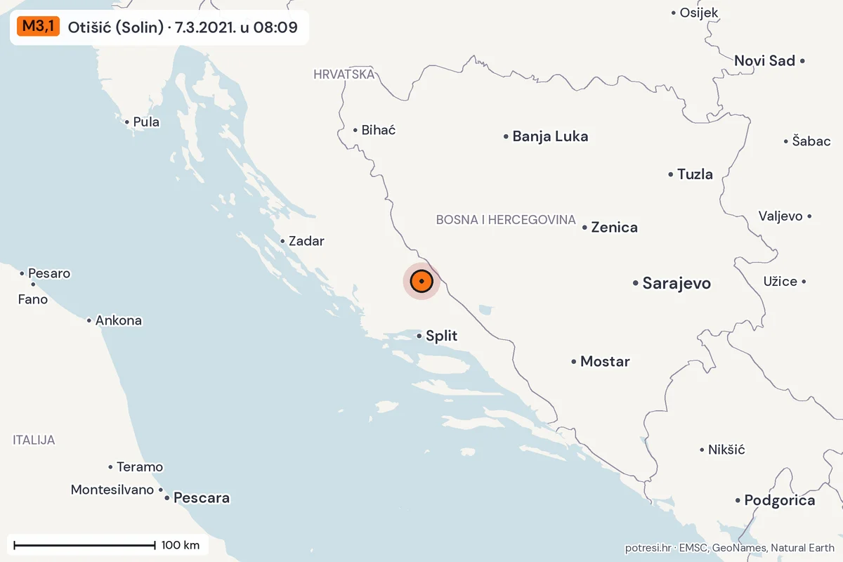 Karta: šire područje, 600 km, potres M3,1, Otišić (Solin), 7.3.2021.