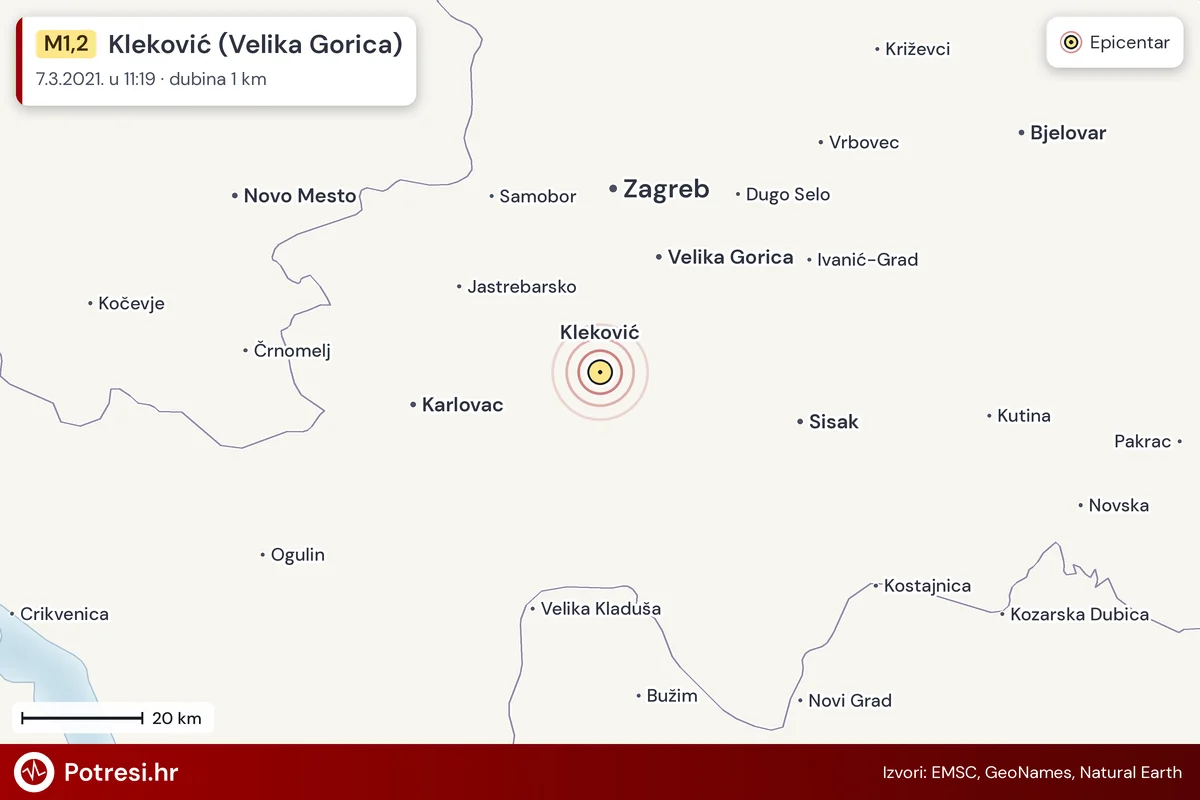 Karta: šire područje i vjerojatni doseg osjeta, potres M1,2, Kleković (Velika Gorica), 7.3.2021.