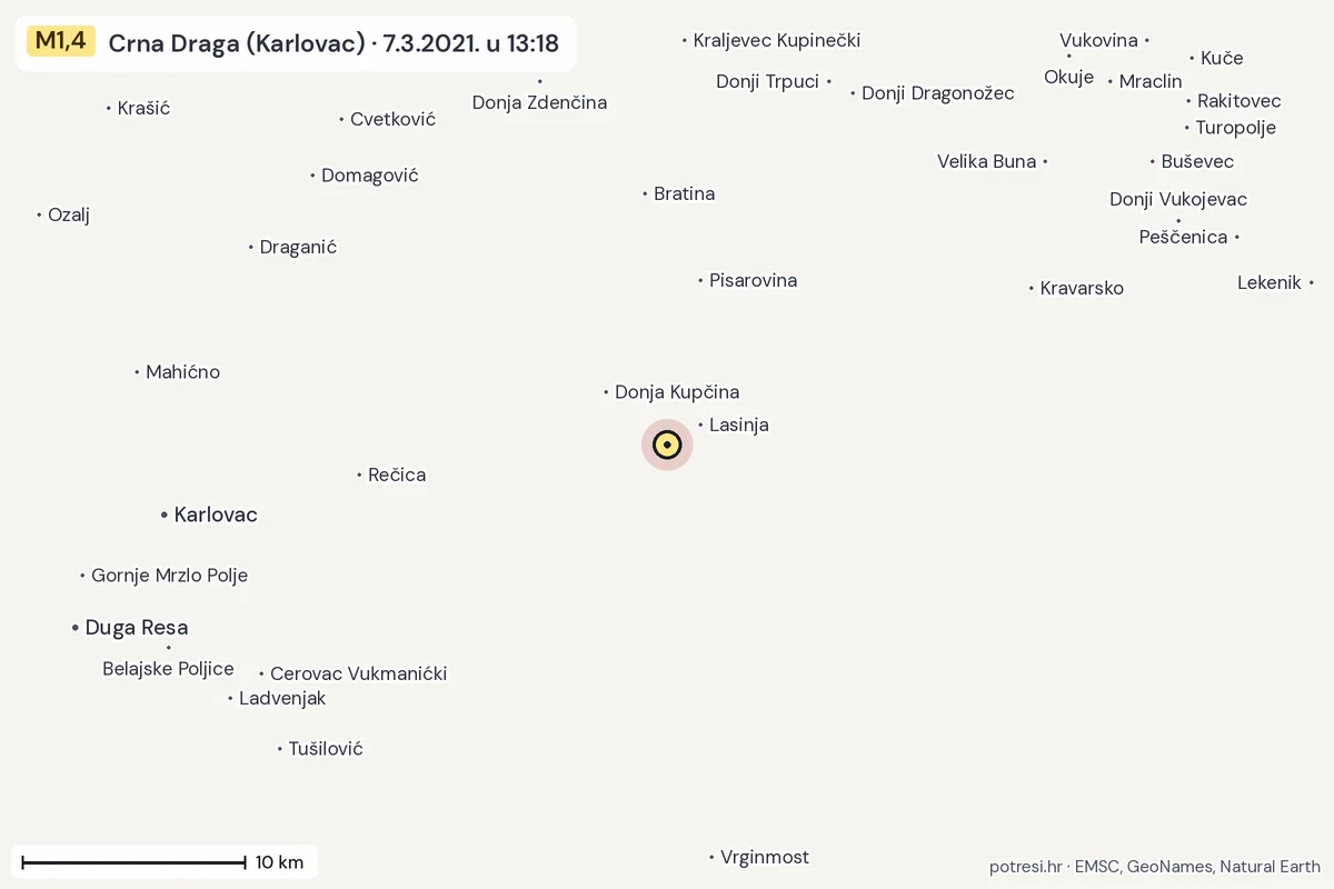 Karta: okolica epicentra, 60 km, potres M1,4, Crna Draga (Karlovac), 7.3.2021.