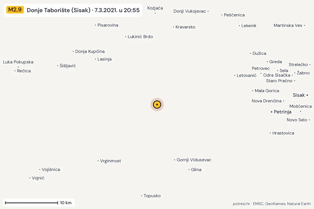 Karta: okolica epicentra, 60 km, potres M2,9, Donje Taborište (Sisak), 7.3.2021.