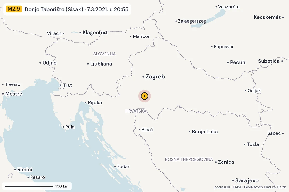 Karta: šire područje, 600 km, potres M2,9, Donje Taborište (Sisak), 7.3.2021.