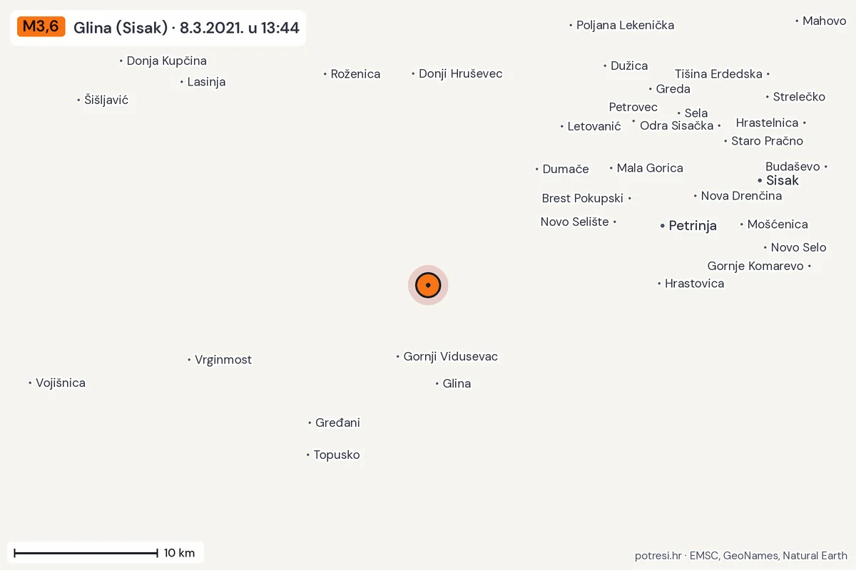 Karta: okolica epicentra, 60 km, potres M3,6, Glina (Sisak), 8.3.2021.
