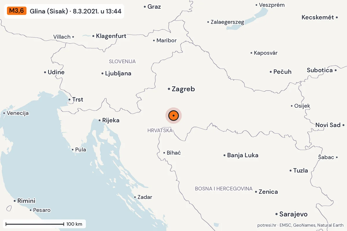 Karta: šire područje, 600 km, potres M3,6, Glina (Sisak), 8.3.2021.