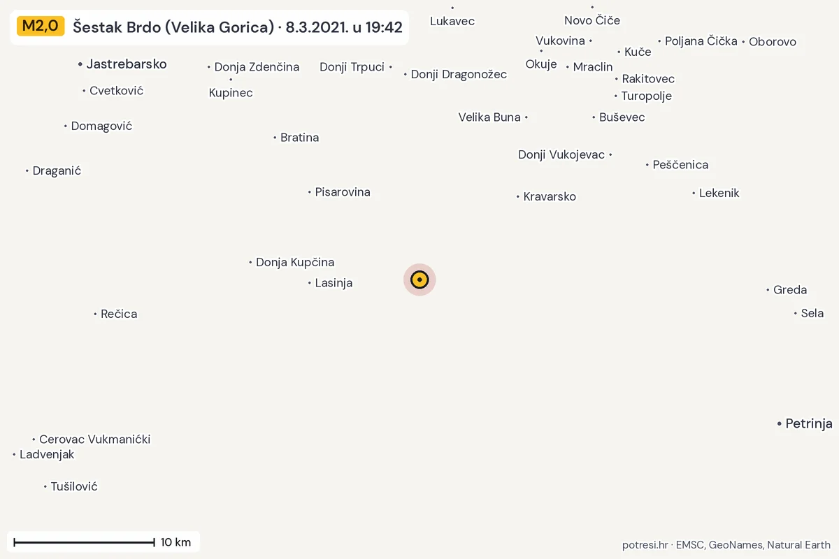 Karta: okolica epicentra, 60 km, potres M2,0, Šestak Brdo (Velika Gorica), 8.3.2021.