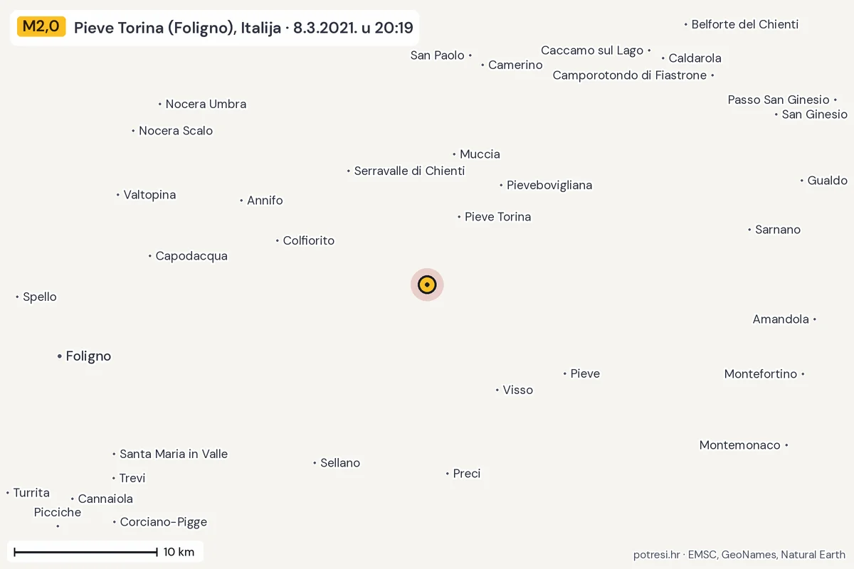 Karta: okolica epicentra, 60 km, potres M2,0, Pieve Torina (Foligno), Italija, 8.3.2021.