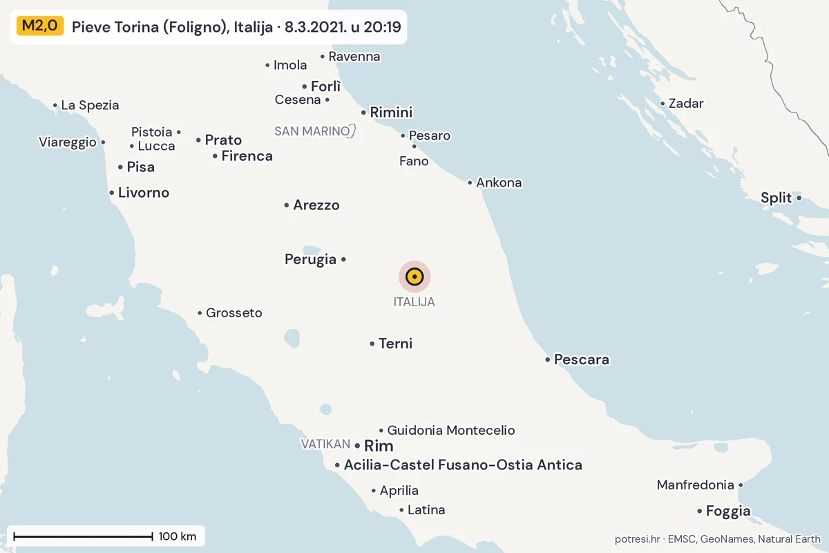 Karta: šire područje, 600 km, potres M2,0, Pieve Torina (Foligno), Italija, 8.3.2021.