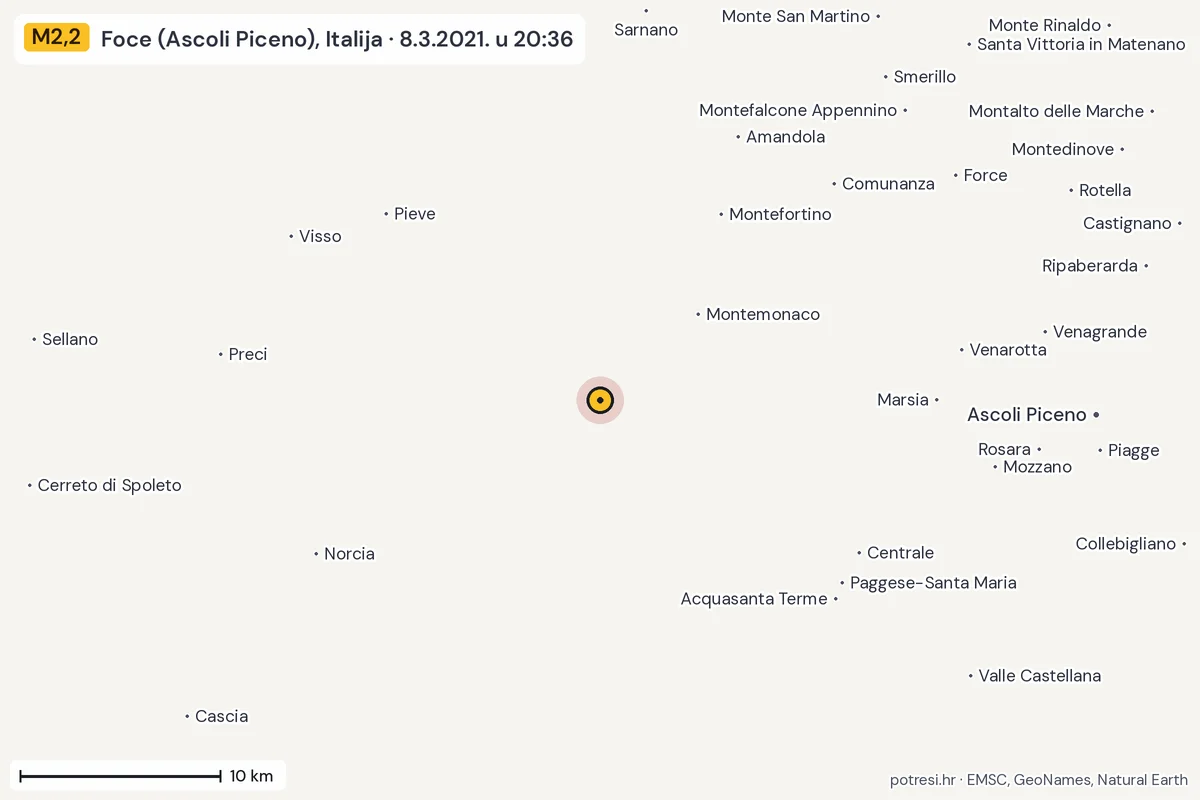 Karta: okolica epicentra, 60 km, potres M2,2, Foce (Ascoli Piceno), Italija, 8.3.2021.