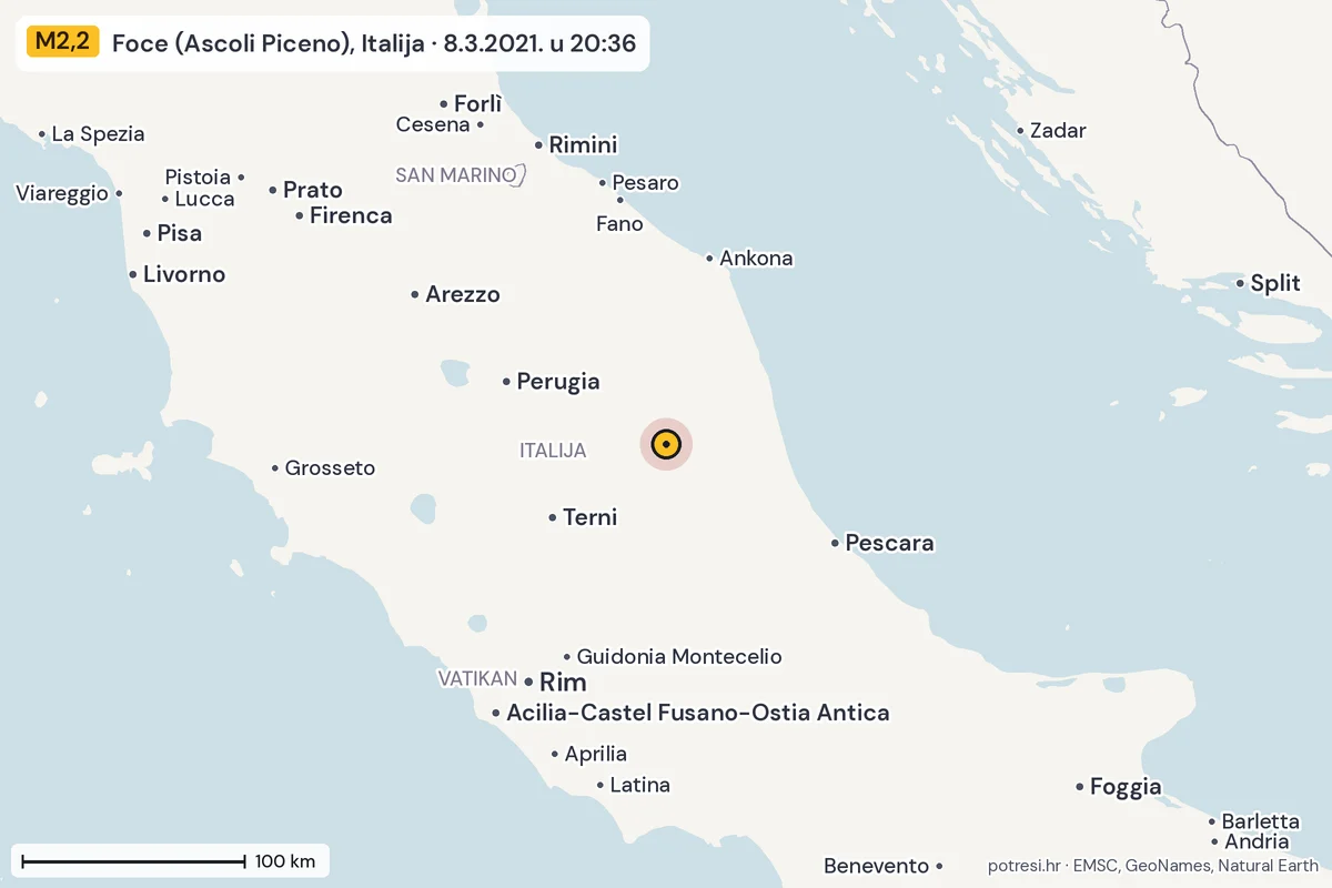 Karta: šire područje, 600 km, potres M2,2, Foce (Ascoli Piceno), Italija, 8.3.2021.
