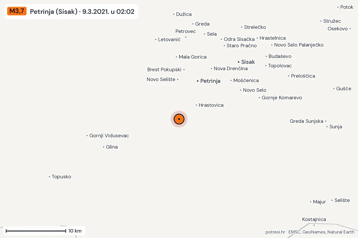 Karta: okolica epicentra, 60 km, potres M3,7, Petrinja (Sisak), 9.3.2021.
