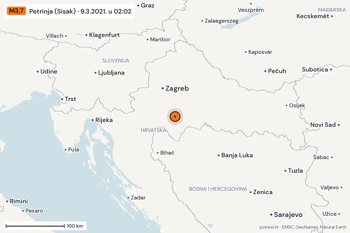 Karta: šire područje, 600 km, potres M3,7, Petrinja (Sisak), 9.3.2021.