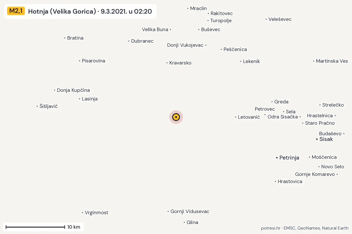 Karta: okolica epicentra, 60 km, potres M2,1, Hotnja (Velika Gorica), 9.3.2021.