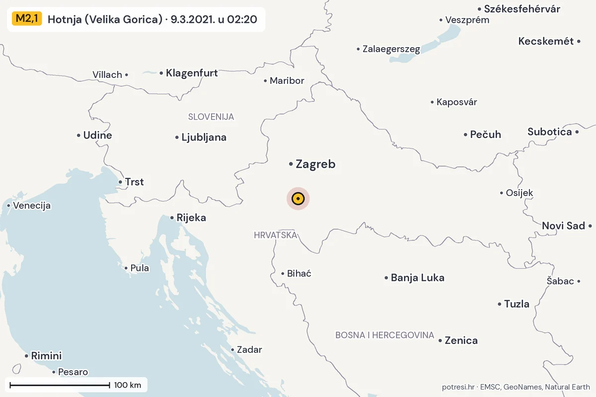 Karta: šire područje, 600 km, potres M2,1, Hotnja (Velika Gorica), 9.3.2021.