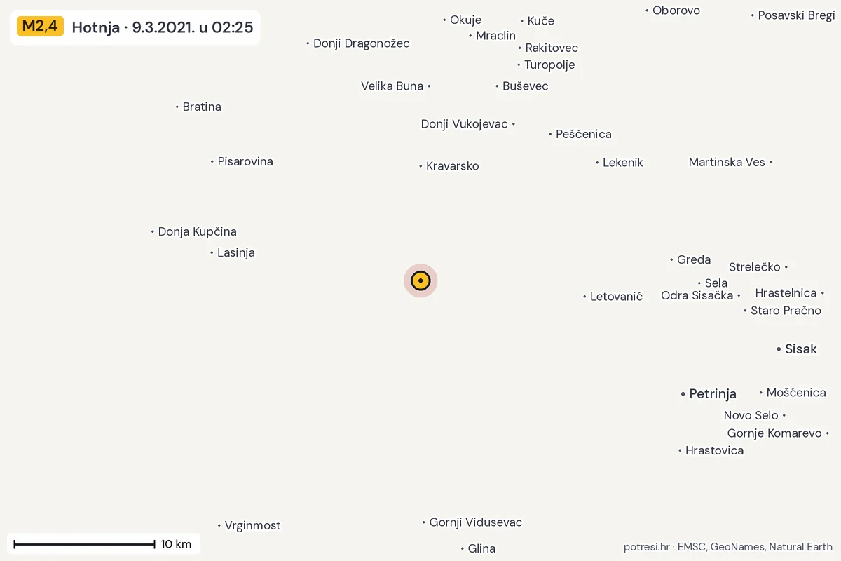 Karta: okolica epicentra, 60 km, potres M2,4, Hotnja, 9.3.2021.