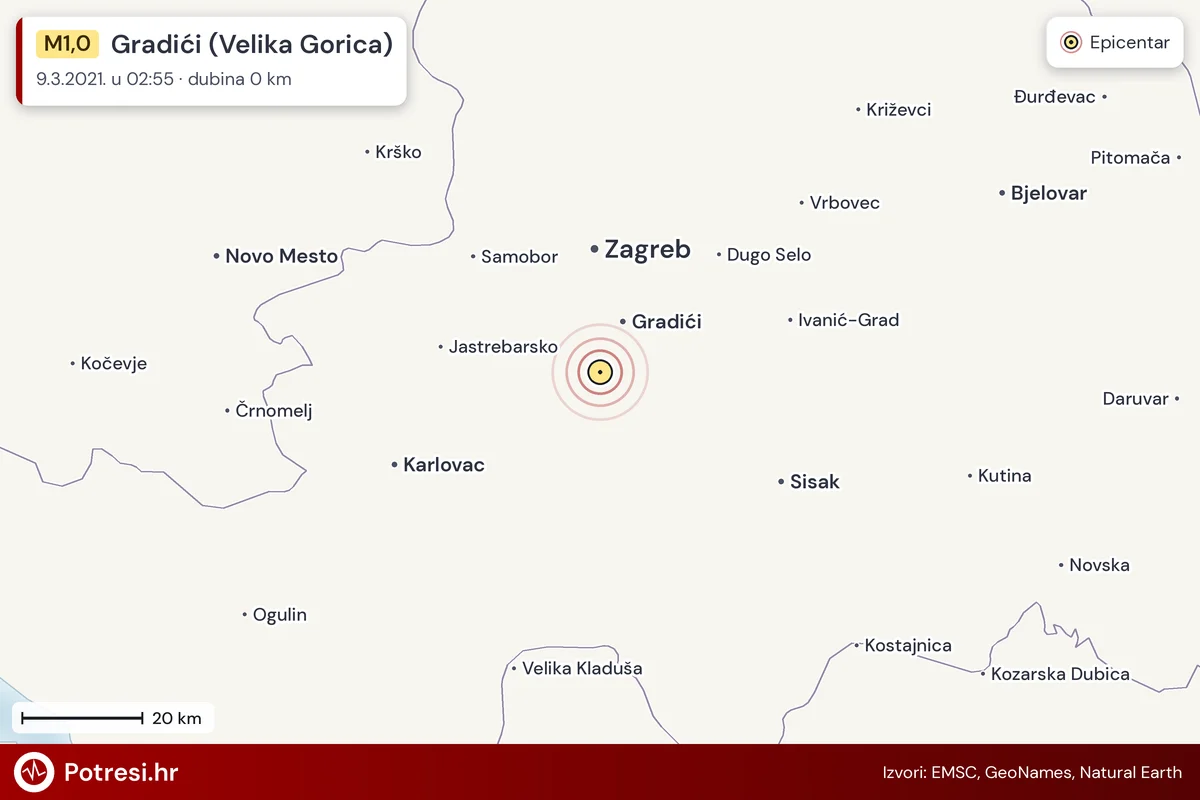 Karta: šire područje i vjerojatni doseg osjeta, potres M1,0, Gradići (Velika Gorica), 9.3.2021.