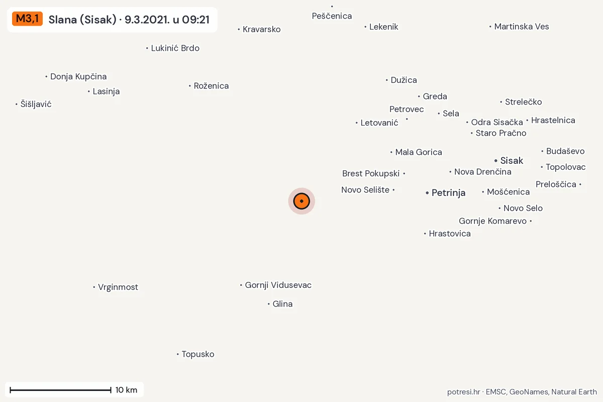 Karta: okolica epicentra, 60 km, potres M3,1, Slana (Sisak), 9.3.2021.