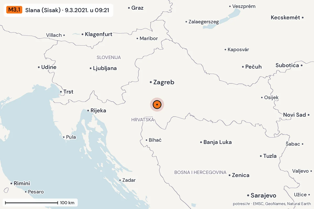 Karta: šire područje, 600 km, potres M3,1, Slana (Sisak), 9.3.2021.