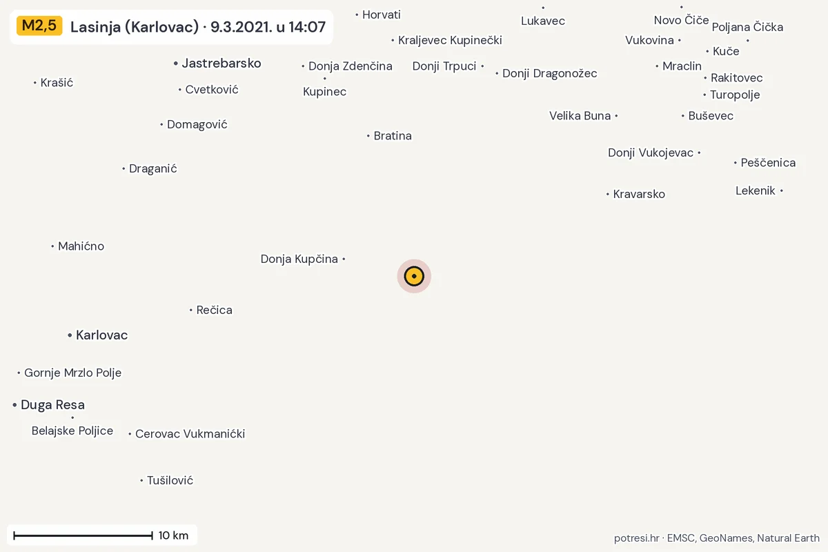 Karta: okolica epicentra, 60 km, potres M2,5, Lasinja (Karlovac), 9.3.2021.