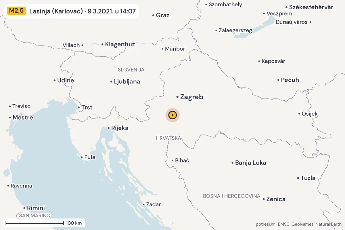 Karta: šire područje, 600 km, potres M2,5, Lasinja (Karlovac), 9.3.2021.