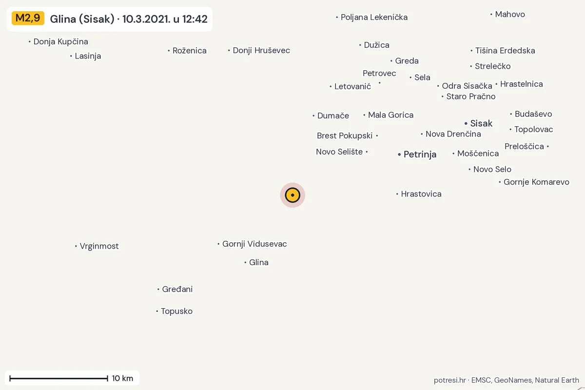 Karta: okolica epicentra, 60 km, potres M2,9, Glina (Sisak), 10.3.2021.