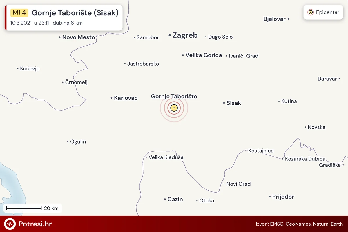Karta: šire područje i vjerojatni doseg osjeta, potres M1,4, Gornje Taborište (Sisak), 10.3.2021.