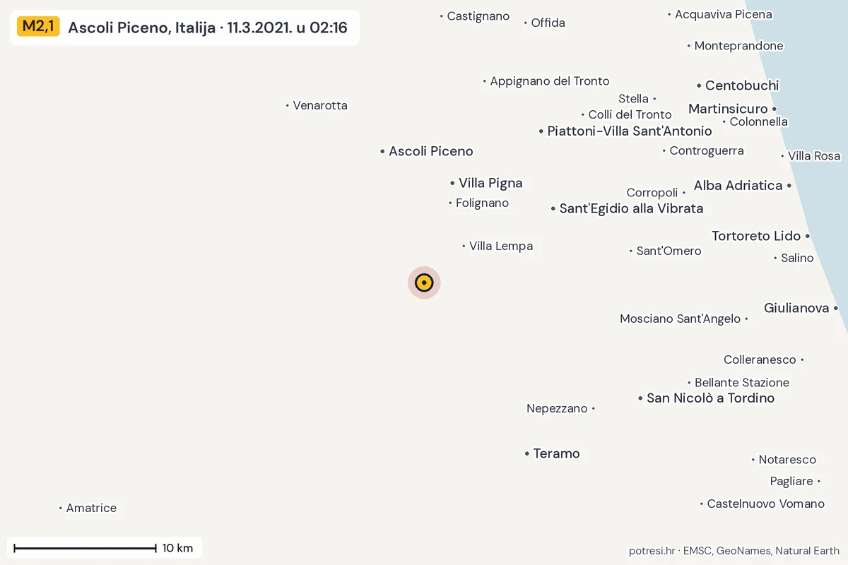 Karta: okolica epicentra, 60 km, potres M2,1, Ascoli Piceno, Italija, 11.3.2021.