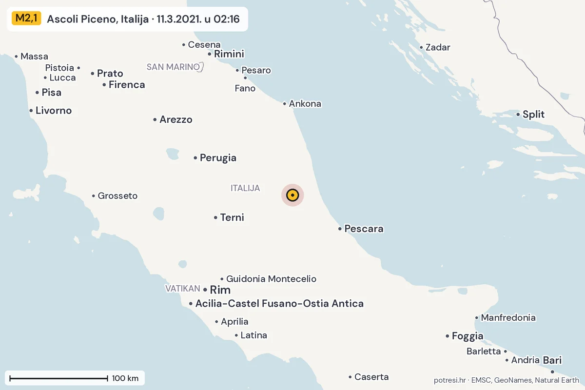 Karta: šire područje, 600 km, potres M2,1, Ascoli Piceno, Italija, 11.3.2021.