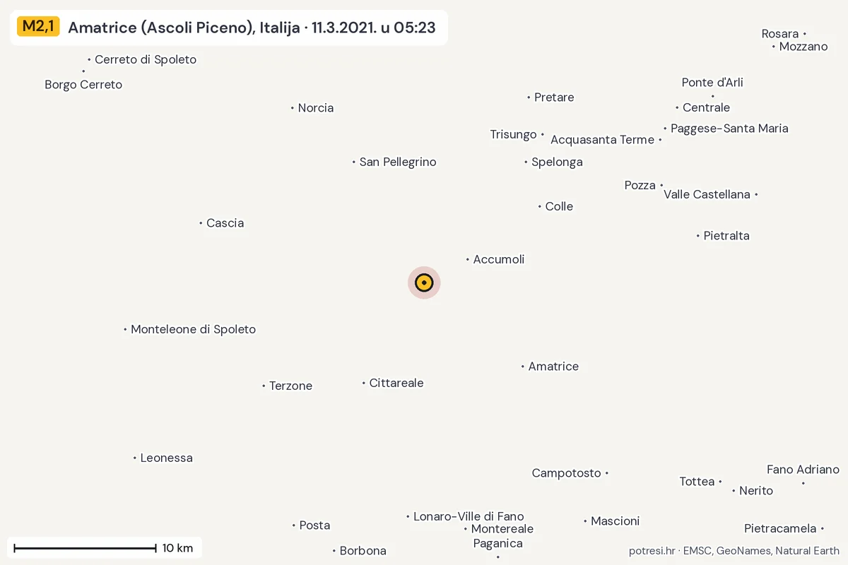Karta: okolica epicentra, 60 km, potres M2,1, Amatrice (Ascoli Piceno), Italija, 11.3.2021.