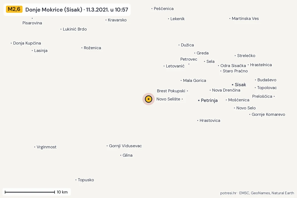Karta: okolica epicentra, 60 km, potres M2,6, Donje Mokrice (Sisak), 11.3.2021.