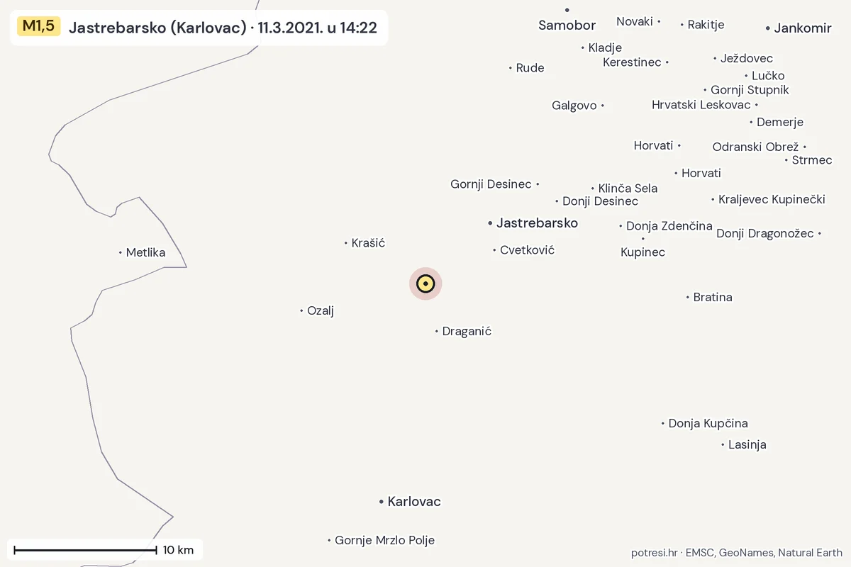 Karta: okolica epicentra, 60 km, potres M1,5, Jastrebarsko (Karlovac), 11.3.2021.