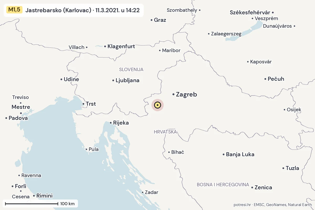 Karta: šire područje, 600 km, potres M1,5, Jastrebarsko (Karlovac), 11.3.2021.