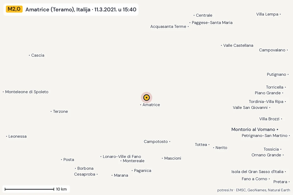 Karta: okolica epicentra, 60 km, potres M2,0, Amatrice (Teramo), Italija, 11.3.2021.