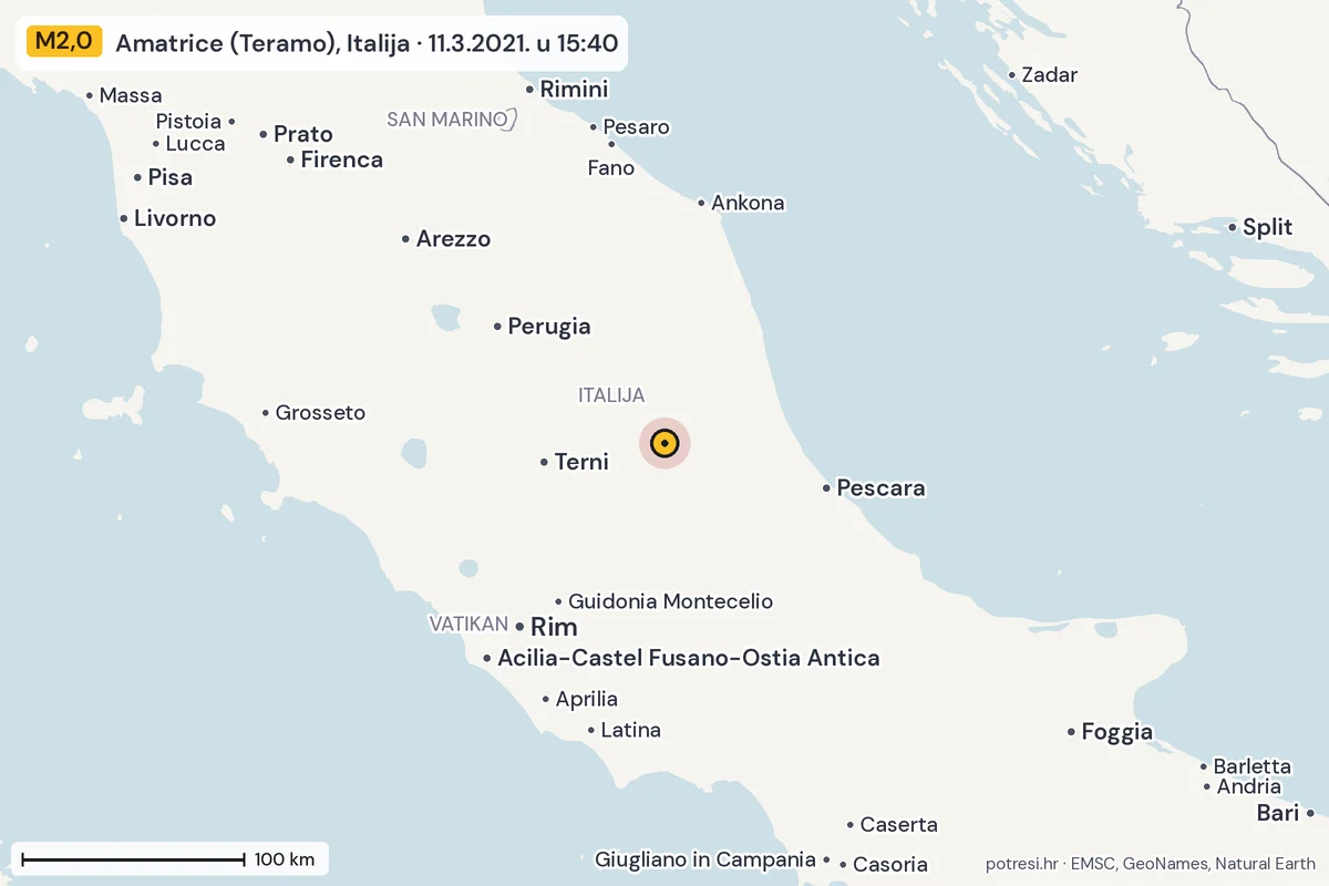 Karta: šire područje, 600 km, potres M2,0, Amatrice (Teramo), Italija, 11.3.2021.