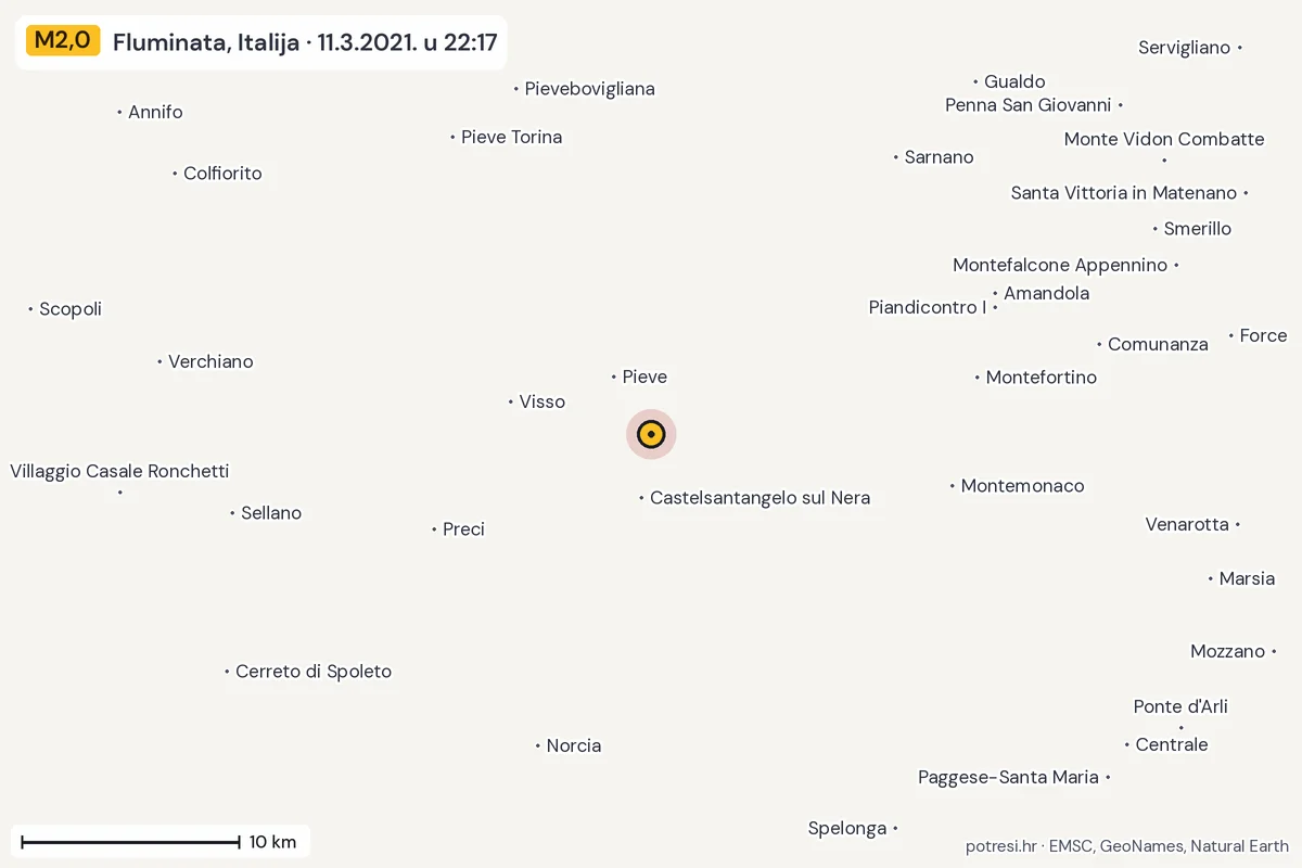 Karta: okolica epicentra, 60 km, potres M2,0, Fluminata, Italija, 11.3.2021.
