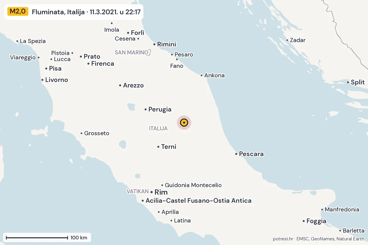 Karta: šire područje, 600 km, potres M2,0, Fluminata, Italija, 11.3.2021.